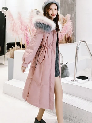 Pink Зимнее пальто на утином пуху для женщин, новинка, высокое качество, длинный большой меховой воротник, с капюшоном, пуховик для женщин, тонкое плотное теплое пальто - Цвет: Pink