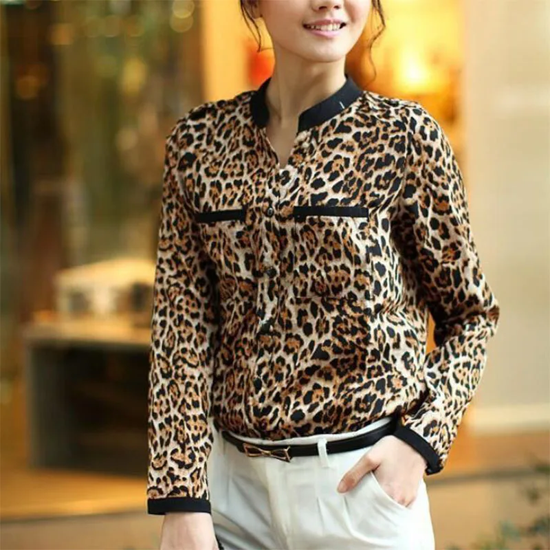 

2020 summer style v-neck long-sleeved Slim ladies shirt Chiffon Blouse women blouses Leopard Print womens tops Ladies Plus Size