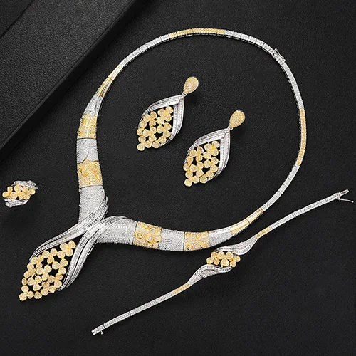 Tricolor GODKI 3 Colors Gorgeous Luxury 4PCS Clear Bangle Ring Necklace Dangle Earring Jewelry Set for Women Bridal Wedding Jewelry Sets - Окраска металла: Tricolor