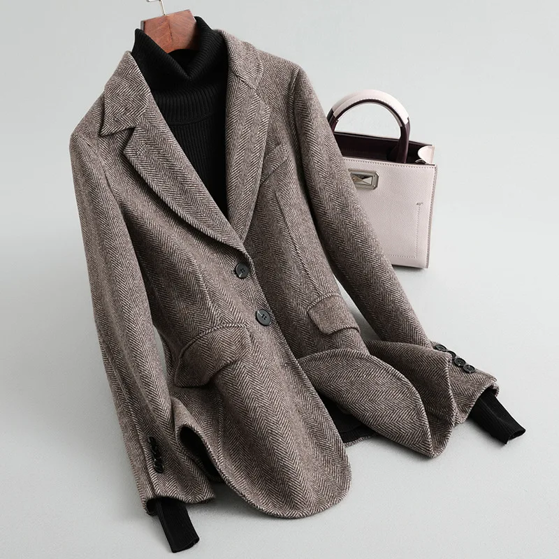 Женский 2019 FW двусторонний шерстяной Блейзер кофе елочка полосатый пиджак |