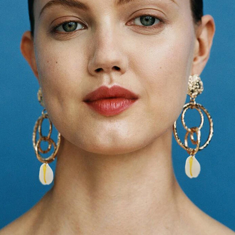 

Hot Sale Women Dangle Earrings Hollow Gold Geometric Statement Shell Pendants ZA Creative Long Earrings pendientes ET1295