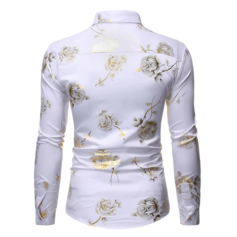 Мужская Повседневная рубашка на пуговицах, Camisa Masculina,, модная рубашка с белыми розами и цветочным принтом, мужские вечерние рубашки для смокинга на свадьбу