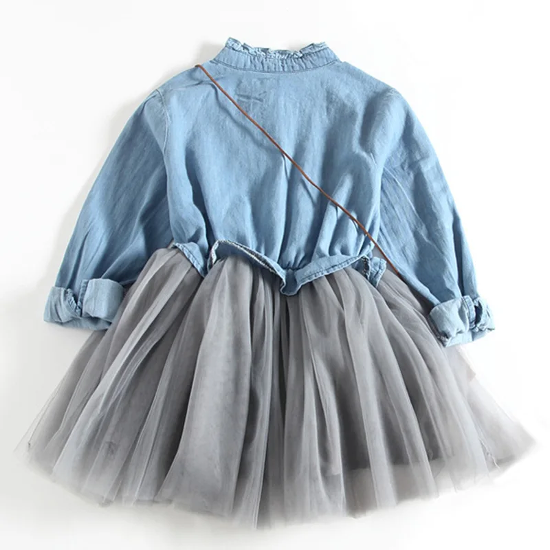Детская джинсовая сетчатая одежда, коллекция года, весна-осень, новая детская одежда джинсовое Сетчатое платье с длинными рукавами для маленьких девочек милое платье