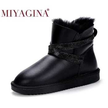 

MIYAGINA Waterproof Sheepksin Leather Shearling Wool Fur Lined Short Winter Boots Women Ankle Snow Boots Silver Crystal Strap