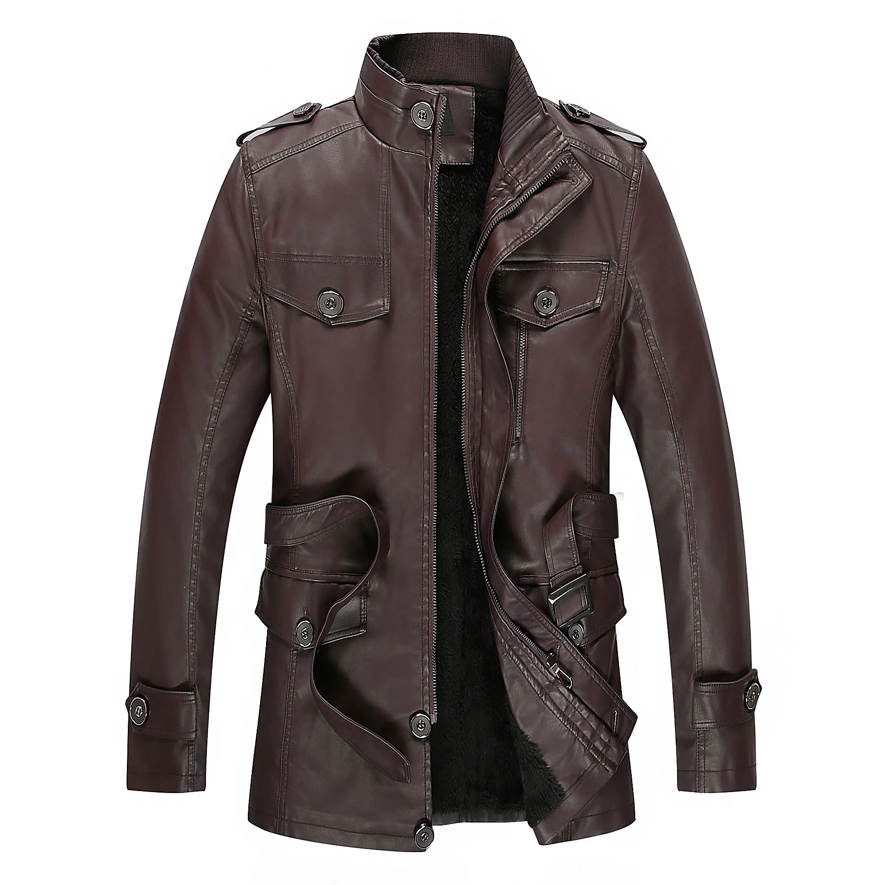 

2019 New Style Trend of Fashion PU Leather Single Lining Cloth Mid-length Casual Leather Jacket MEN'S Leather Coat