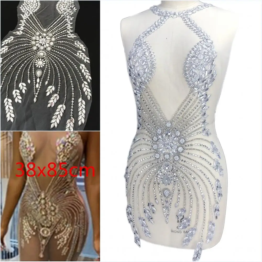 

HAUT Handmade Beaded White 38x85cm Sew on Clothes Costumes Rhinestones Patches Appliques Diy For Wedding Dance Dress Prom Gown