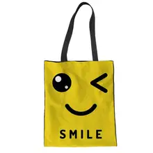 Льняная холщовая ручная сумка, многоразовая сумка для покупок, забавная пляжная сумка с принтом смайлика, женская сумка на плечо, сумка для хранения, сумочка