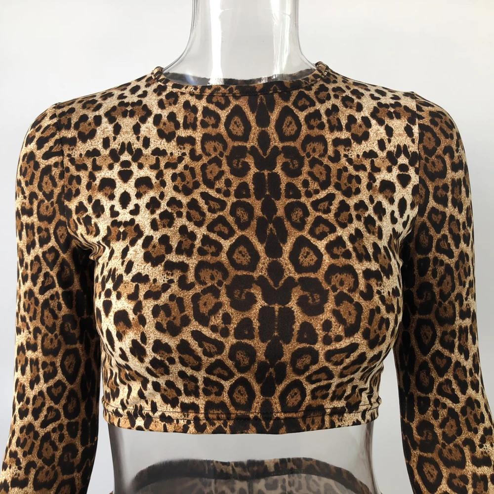 KGFIGU 2019 Новый сексуальный леопардовый костюм из двух предметов женские сексуальные топы с длинными рукавами и круглым вырезом с высокой
