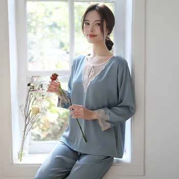 

Girl Pajamas Set Lace V Neck Sexy Women Top Trousers Satin Nighgown