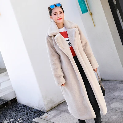 LUZUZI зимнее женское пальто высокого качества из искусственного кроличьего меха роскошное длинное меховое пальто Свободное пальто с отворотом толстое теплое Женское пальто больших размеров - Цвет: white