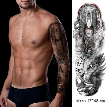 

Full Arm Waterproof Temporary Tattoo Sticker Totem Dreamcatcher Wolf Eagle Forest Clock Fake Tatoo Flash Tatto To Man Woman
