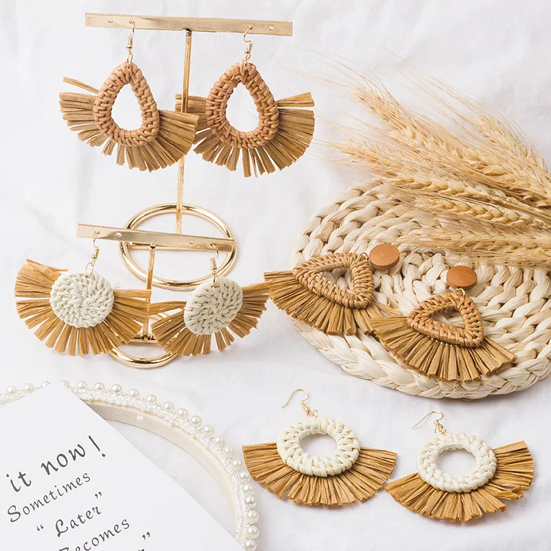 2020 New Handmade Rattan Knit Straw Earrings for Women Teardrop Circle Square Tassel Wicker Woven Drop Earring Jewelry | Украшения и
