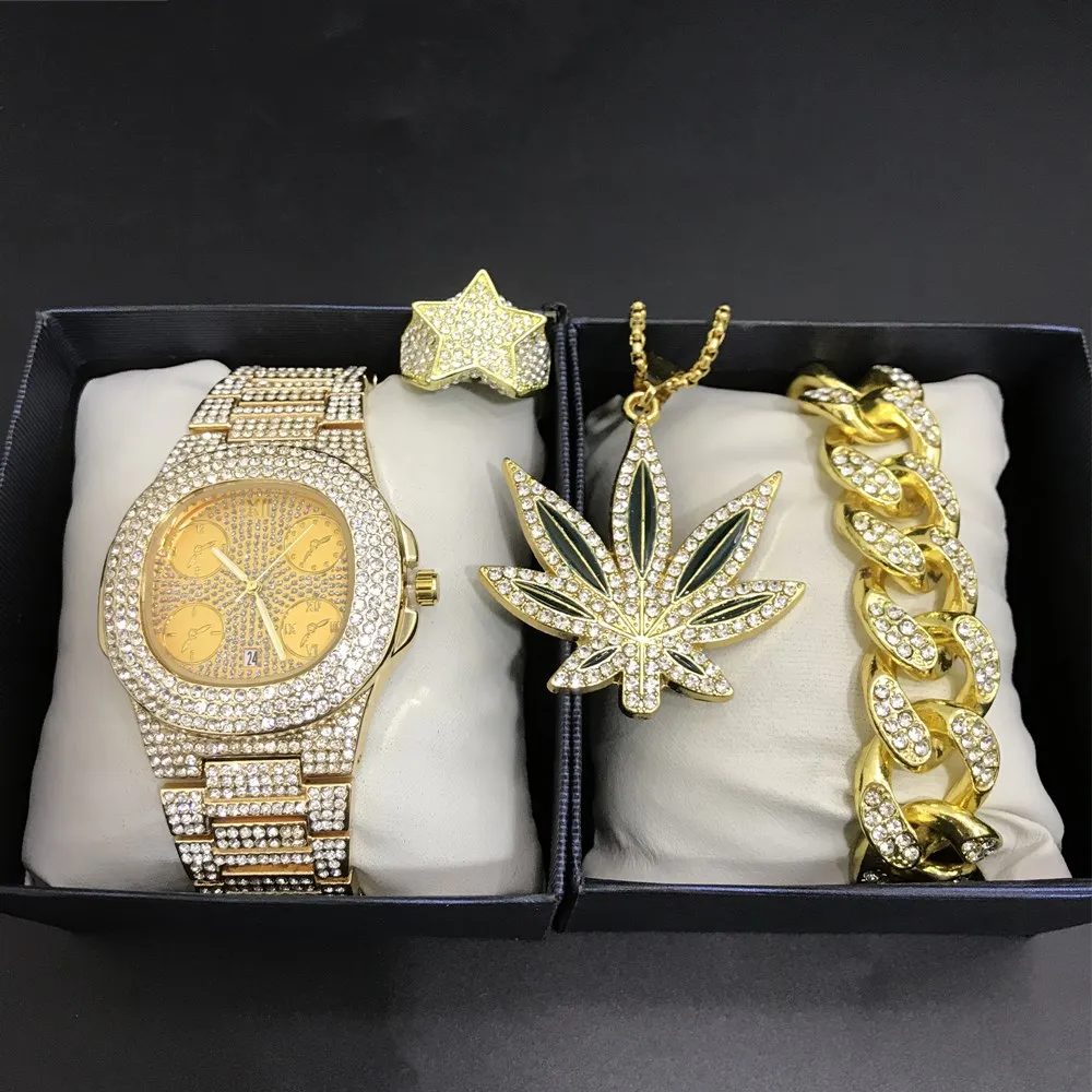 Luxury Men Gold Color Watch &amp Necklace Braclete Ring Combo Set Ice Out Cuban Hip Hop Chain In Crystal For | Украшения и