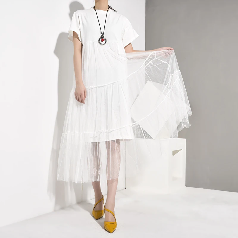 [DEAT] женское белое платье с неровным разрезом, Сетчатое платье, новинка, круглый вырез, короткий рукав, свободный крой, мода, весна-осень 3360.XL