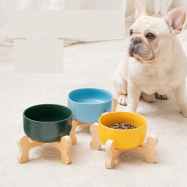 Ceramic Cat Dog Bowl Dish With Wood Stand No Spill Pet Food Water Feeder  Cats Small Dogs Pet Bowl