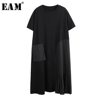 

[EAM] Women Black Big Pocket Split Big Size Dress New Round Neck Sleeveless Loose Fit Fashion Tide Spring Summer 2020 1T898