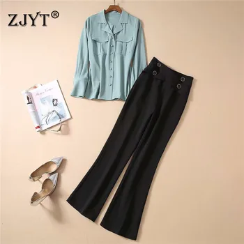 

High Quality Fashion Women's Runway Set Spring 2020 New Elegant Office Lady Two Piece Outfits Blouse and High Waist Pants Suit