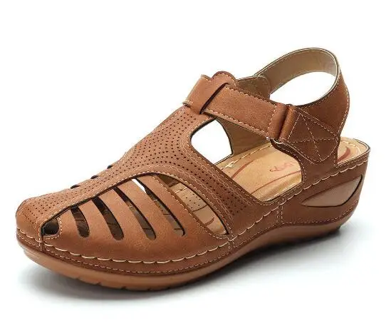 Повседневная Летняя женская обувь мужские сандалии на плоской подошве в ретро-стиле с вырезами удобные нескользящие сандалии на танкетке с круглым носком женская обувь; sh56 - Цвет: Коричневый