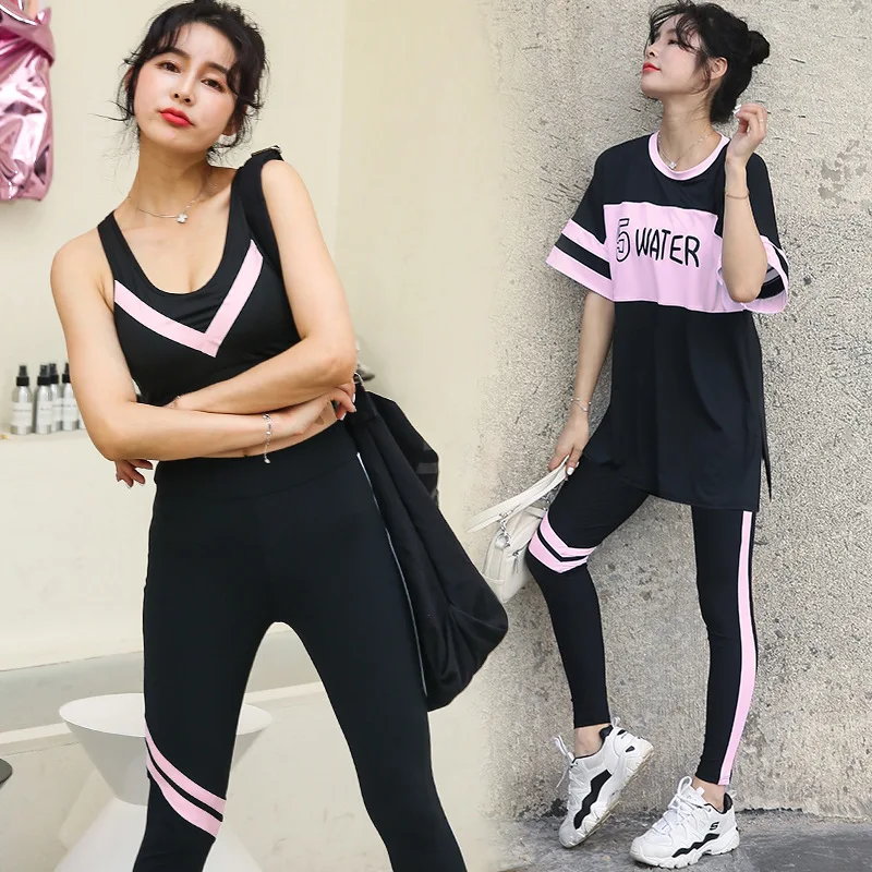 

2019 Spring And Summer Yoga Clothes Suit WOMEN'S Short Sleeved Quick-Drying Loose-Fit Gym Sports Running Three-piece Set Fitness