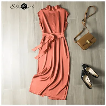 

Silviye Temperament solid color light silk dress women French waistband show thin vest dress A-line dress summer