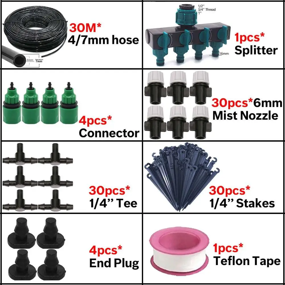 KSL01-KIT069-30M-A 5 м/50 м, садовый капельный полив, набор для орошения, система для теплицы с 4/7 мм шлангом, 4-полосный разветвитель, разбрызгиватель, тройник - Цвет: KSL01-KIT069-30M-A