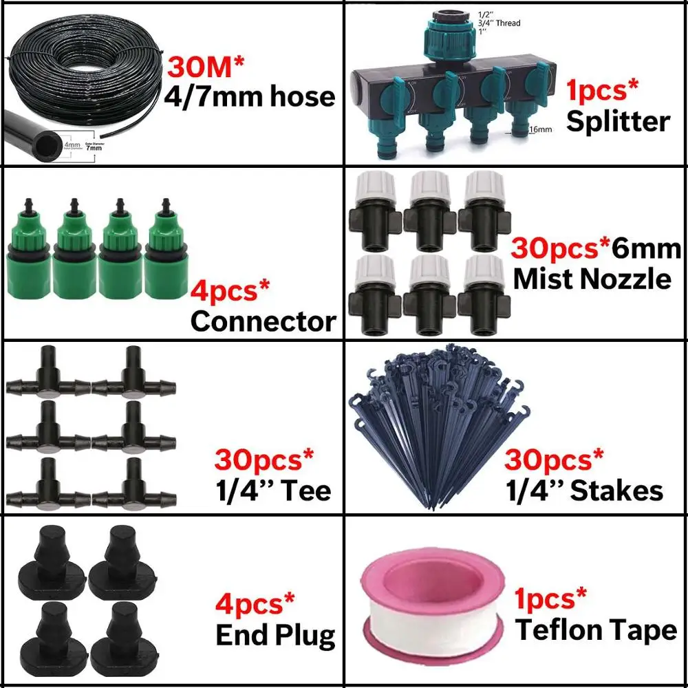 5 м/50 м, садовый капельный полив, набор для орошения, система для теплицы с 4/7 мм шлангом, 4-полосный разветвитель, разбрызгиватель, тройник - Цвет: KSL01-KIT069-30M-A