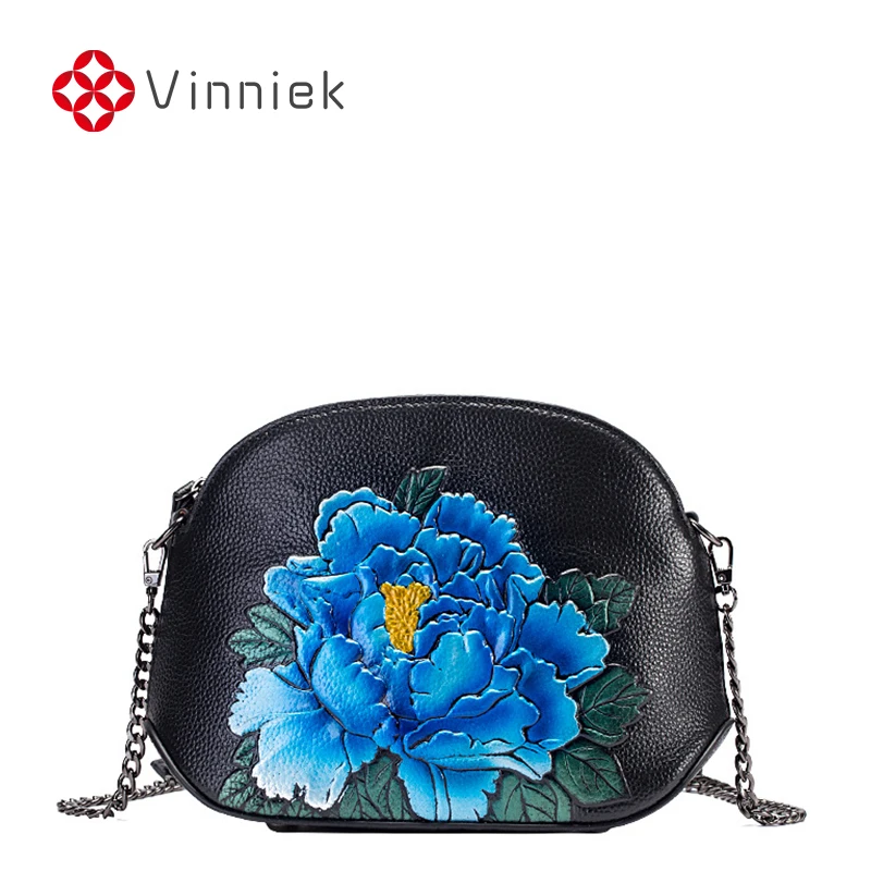 Женская винтажная мини-сумка из натуральной кожи с цепочкой и тиснением пиона