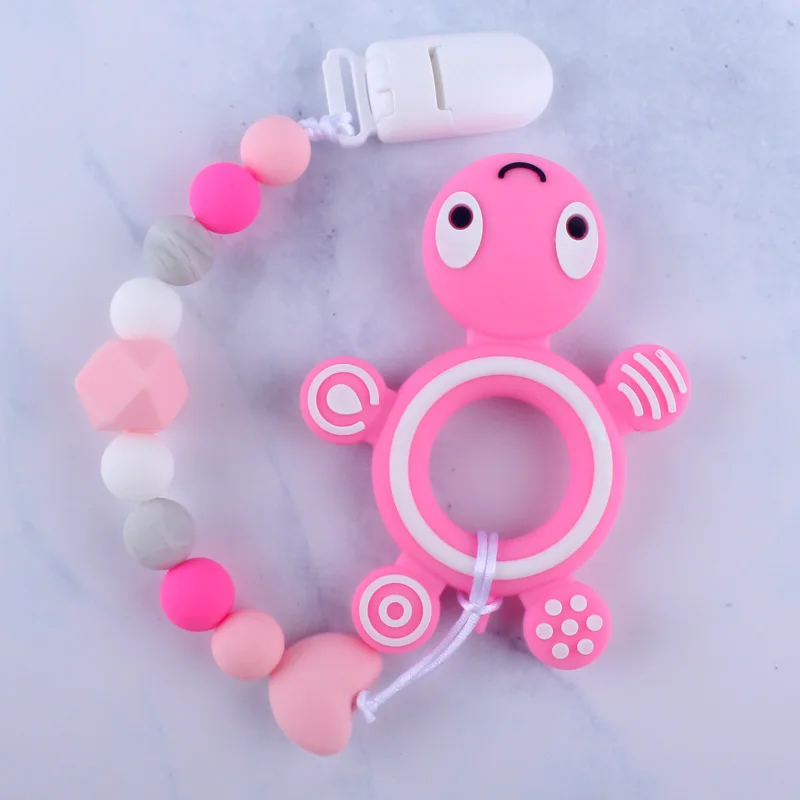 XCQGH силиконовая цепь против потери младенца молярная пустышка цепь свободные бусины черепаховое зубное кольцо DIY пищевая пустышка цепь - Цвет: Розовый