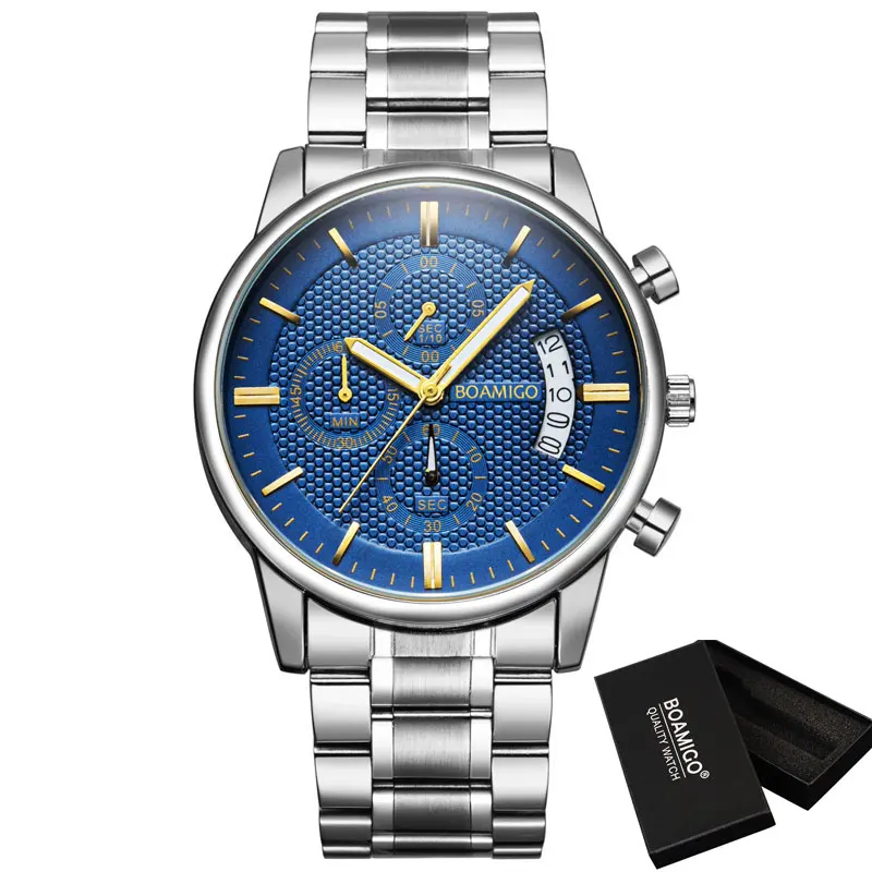 BOAMIGO мужские часы с хронографом спортивные мужские s часы лучший бренд класса люкс водонепроницаемые полностью Стальные кварцевые золотые часы мужские Relogio Masculino - Цвет: F933Bsilverbluebox