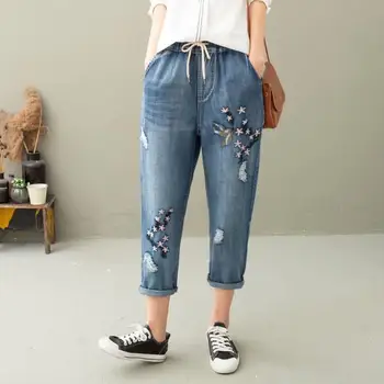 

2020 spring women's jeans vintage style stars magpie embroidery hole elastic waist denim cropped pants women r314