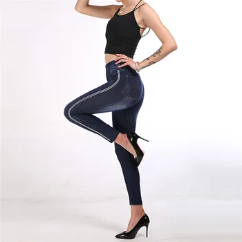 

2020 Imitation Leggings Jeans Side Striped Women Mock Pocket Leggings Pants Slim Jeggings Ladies Denim Skinny Trousers Plus Size