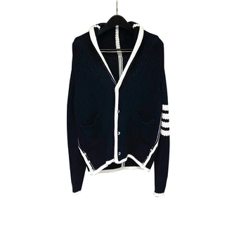 

2020 Fashion TB THOM Brand Sweaters Men Slim Turn Down Collar Cardigans Clothing Striped Wool Solid Thick Winter Casual Coat
