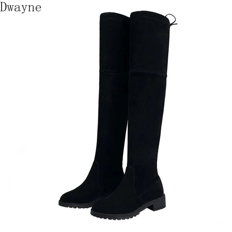 

New Type of Thick-heeled Knee Boots for Women in 2019 Black Flat-bottomed Low-heeled Slim-legged Long-barreled Boots