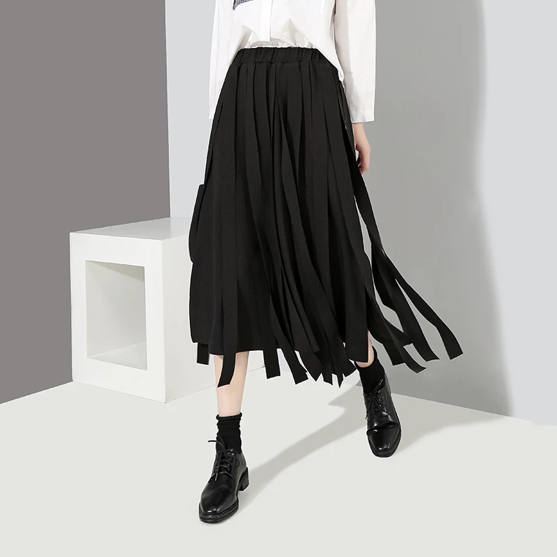 TVVOVVIN New Spring Summer High Elastic Waist Black Loose Tassel Spliced Half-body Skirt Women Fashion Tide All-match D153