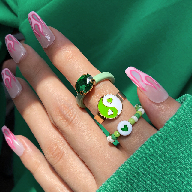 Heart Y2K Ring Set Open Cooper Rings For Women Candy Color Hand-painted Knuckle Rings Jewelry