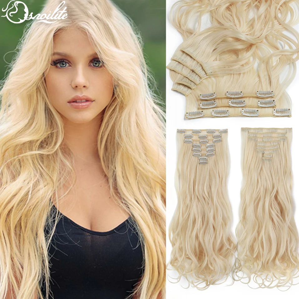 S-noilite Synthetic Long Wavy Clip In Hair Extensions Clip In 8pcs/set Hairpieces 24inch Pure Color Bleach Blonde Clip In Hair freedom long wavy headband wig for black women none replacement ombre blonde brown grey body wave synthetic headband wig