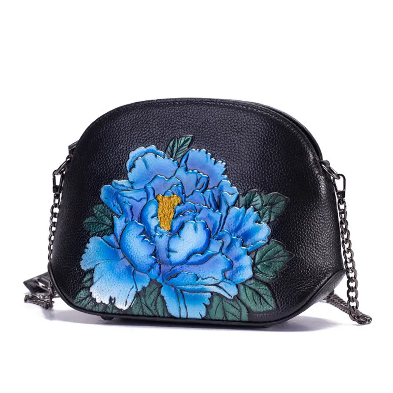 

2019 New Women's Leather Messenger Bag Cow Leather Retro Flower Print Ladies Shoulder Bag Chain Mini Ladies Shell Bag Sac A Main