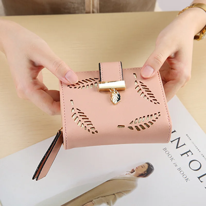 

Women Wallet with Hollow Out Leaf Pattern Leather Short Wallet Women's Clutch Wallet Female Designer Wallets Coin Card Purse