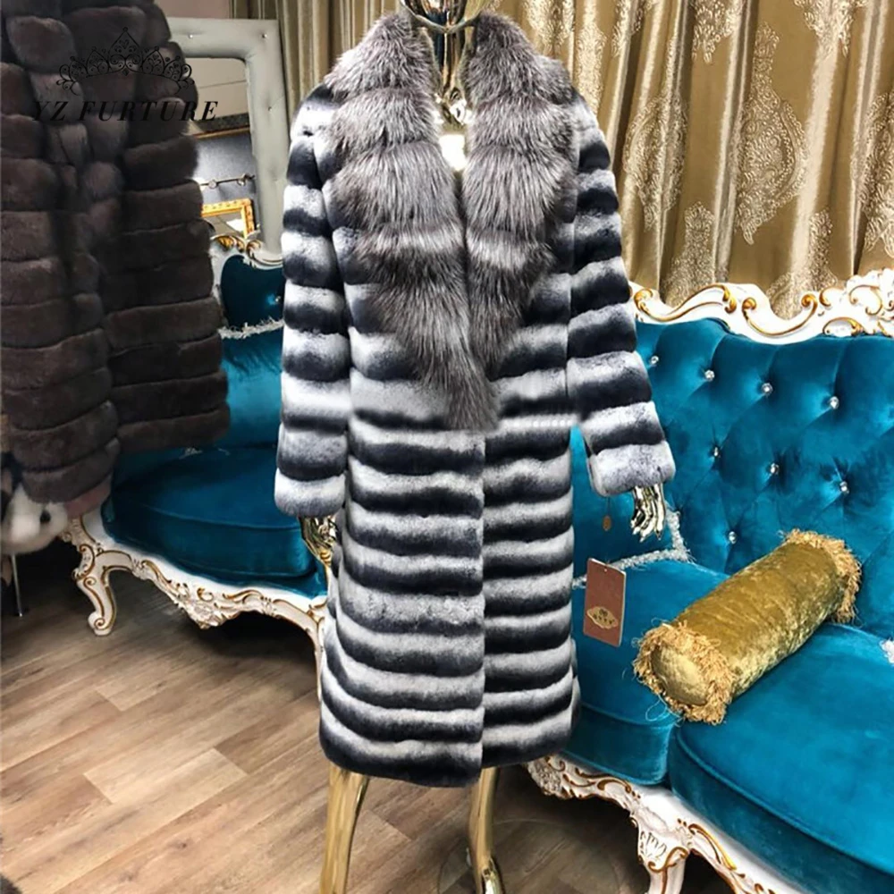 110cm coat length Лидер продаж, Женское пальто из натурального меха кролика рекс высокого качества, натуральный мех кролика Рекс шиншилла, зимняя куртка 110 см - Цвет: 110cm coat length