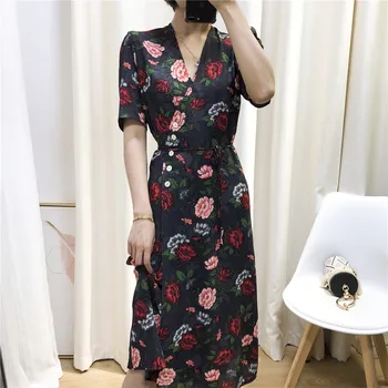 

100% Viscose Chic Floral Wrap Midi Dress Women's V-neck Ladies Long Dresses Vintage Female Holiday Clothes