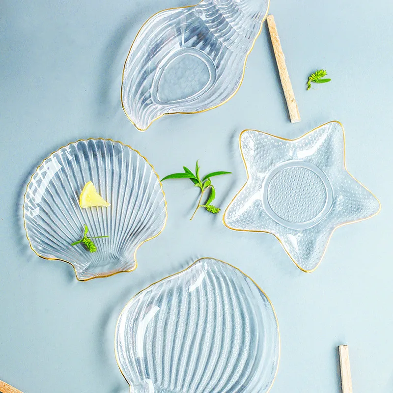 Ocean Series Transparent Lead-free Crystal Glass Conch Styling Bowl Tray Phnom Penh Starfish Scallops Plate Dinnerware Set
