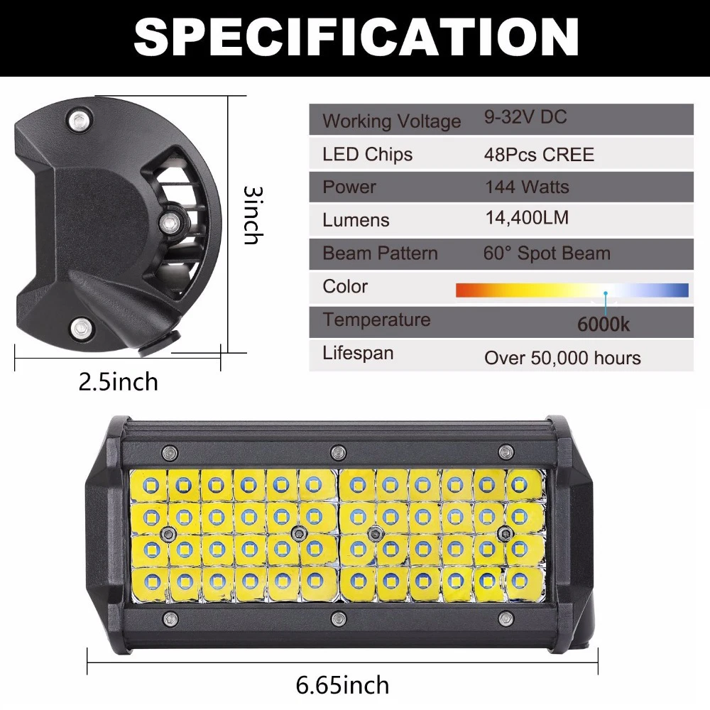 7 дюймов 144 Вт 48LED 14400lm водонепроницаемый IP68 рабочий свет бар точечный луч дальнего света противотуманная фара внедорожный трактор 4x4 автомобильные аксессуары