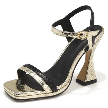

BONJOMARISA Sexy Female Golden Summer Open Toe High Heels Classic Sandals Women Party Casual Shoes Woman