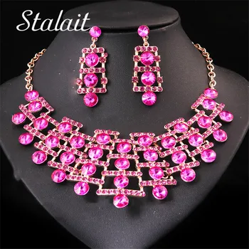 

Vintage Square Full Round Rhinestone Necklace Drop Earrings For Female Wedding Jewelry Set Prom Party Fashion Accessories