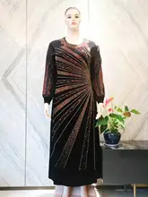 

Free Shipping Luxury Clothing Black Purple Green Warm Velvet Elegant Dress for Woman Line Radial Winter Spring Clothes Plus Size