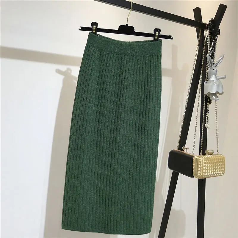 dark green Korobov осень зима новые женские вязаные юбки корейские женские офисные базовые Faldas Mujer стрейч облегающее Saias 79250 - Цвет: dark green