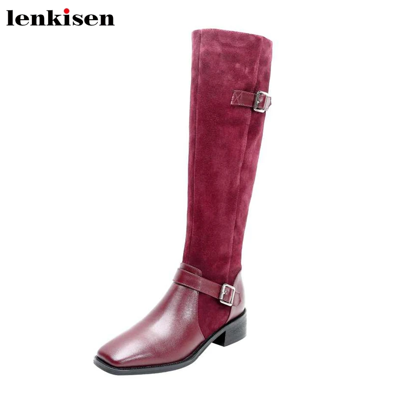 Lenkisen new vintage cow leather patchwork buckle straps square toe med heels winter keep warm women Zipper thigh high boots L35