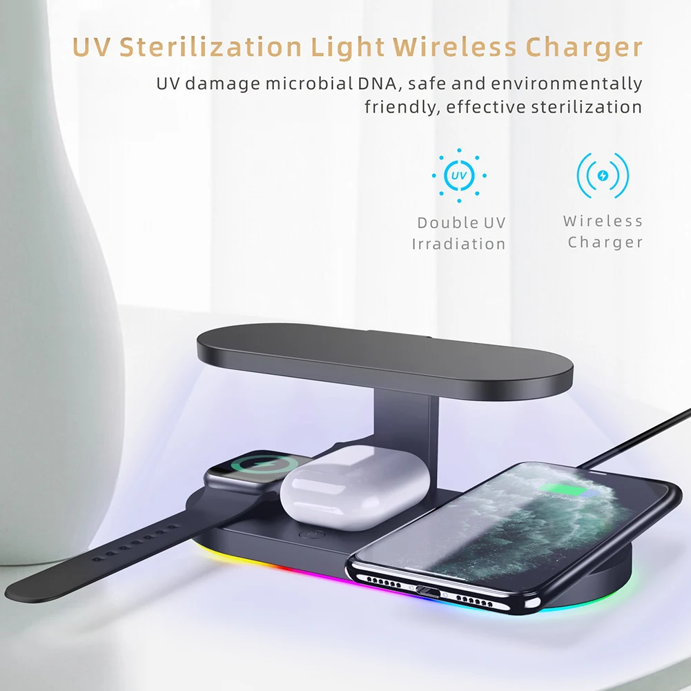 

5 In 1 Fast Wireless Charging Dock Station With UV Germicidal Lamp For Mobile Smart Watch Bluetooth Headset DJA88