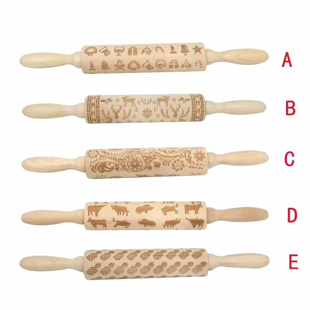 Christmas pastry dough roller Engraved Carved Wood Embossed Rolling Pin Merry Kitchen Tools rouleau polymere #35 | Дом и сад