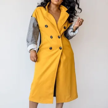 

Women Autumn Winter Yellow Color Block Long Coat Women Fashion Double Breasted Oversized Wool Blend Trench Coats Ladies Overcoat